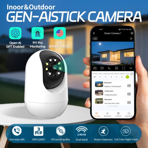 1 Pack Security Camera Remote Control 1296P FHD 2.4G&5G WiFi AI Auto Tracking Color Night Vision Pet Camera & Security Camera Easy Installation Indoor & Outdoor Camera Is Used for Pet, Living Alone, Warehouse, Elderly, Child Security Monitoring