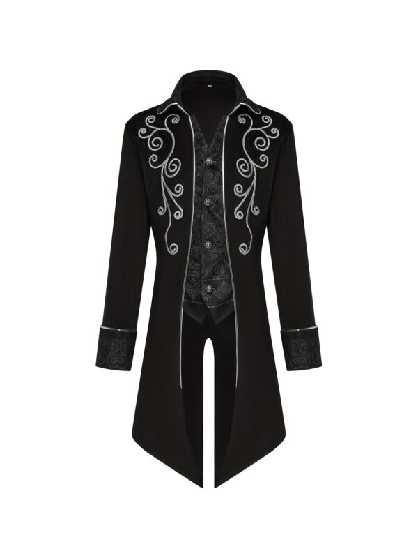 1pc Steampunk Vintage Tailcoat Coat for Men - Medieval Gothic Velvet Embroidery, Black with Intricate Patterns, Perfect for Victorian Frock Uniforms, Dancing Parties, and Halloween
