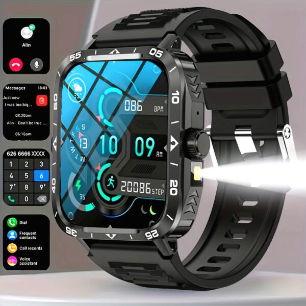 1.95-inch Smart Watch with LED Flashlight, Compatible with Android and iPhone, 100+ Sports Modes, Custom Faces, Step Counter, Distance Measurements, Waterproof, USB Charging, Wireless 5.1, TFT Display, Polymer Lithium Battery 300mA