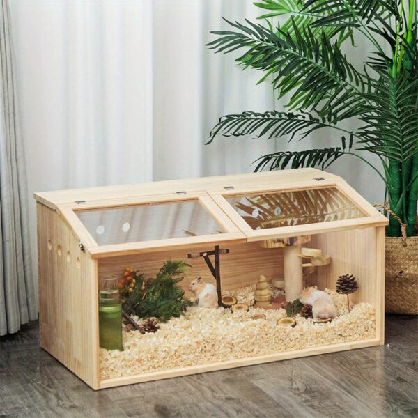 b2045d0b2203422d8b1342fab5307b94-goods.jpeg Solid Wood Hamster Cage with Double Doors & High-Transparency Acrylic Panels - Spacious Multi-Level Habitat with Mushroom House, Tree Stump, Tunnel & Sand Bedding for Small Pets