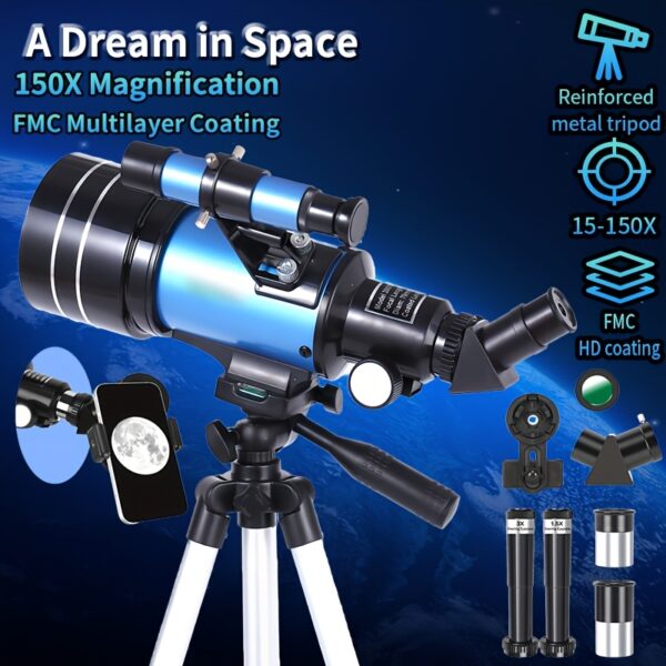 [AFTERWAVE 70mm Telescope] AFTERWAVE 70mm Large Aperture Refractor Telescope | Blue Version 30070 | Beginner & Professional Dual-Mode Monocular 150X HD Imaging | Includes Aluminum Alloy Tripod + Finder Scope + Phone Mount Kit | View Lunar Craters, Planetary Surfaces, Deep-Sky Objects