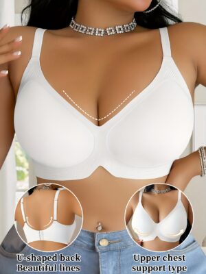 Women'S Plus Size Jelly Bra, Elegant Solid Color with Side Stripe Detail, Polyamide 75% Elastane 25%, High Stretch Knit Fabric, Removable Padding, U-Shaped Back, Adjustable Straps, Wireless Support