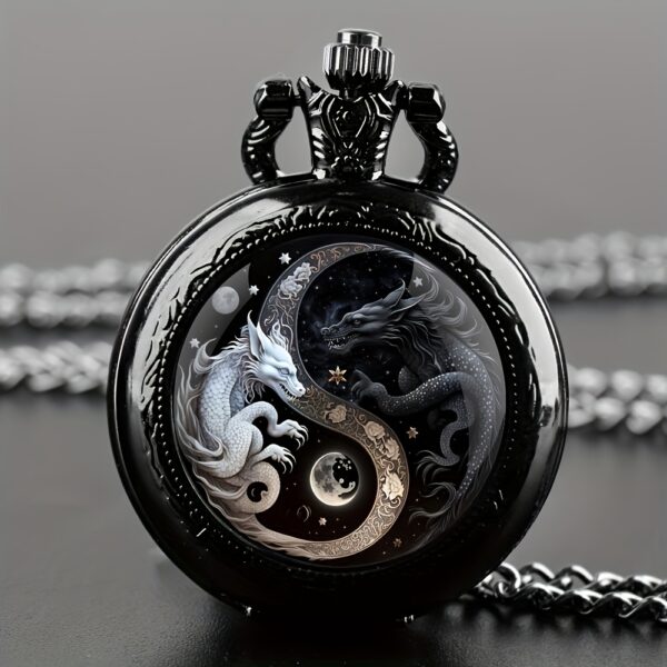 Vintage Yin Yang Dragon Quartz Pocket Watch - World Time Feature, Alloy Case & Strap, Pointer Display, Non-Waterproof, Ages 15+