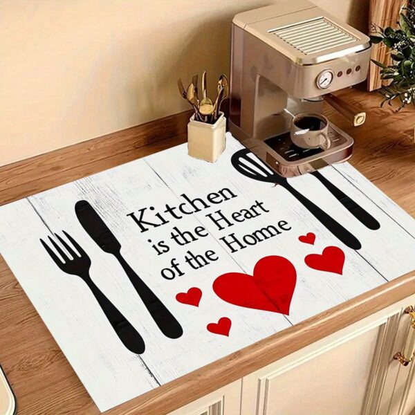 1pc UJoli Heart and Cutlery Rubber Stove Cover Protector - Minimalist Black and White Kitchen Décor with "KITCHEN IS THE HEART OF THE HOME" Design, Perfect for Home Cooking Spaces and Heartwarming Kitchen Decor, Kitchen Decoration | Decorative Stove Cover | Durable Polyester, Stove Top Protectors