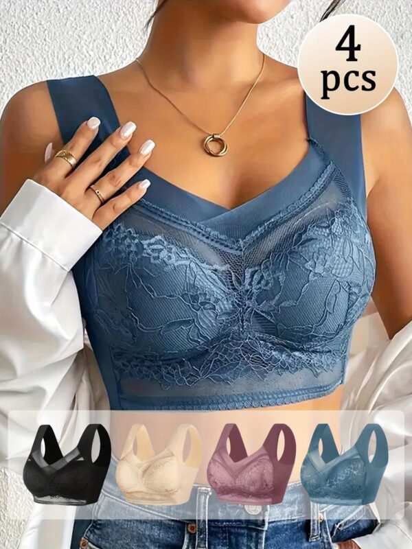 4 Stylish Floral Lace Bra Bra for Women - Comfortable, Breathable, Wireless Design with Contrasting Lace - Full Coverage Women'S Lingerie And Underwear