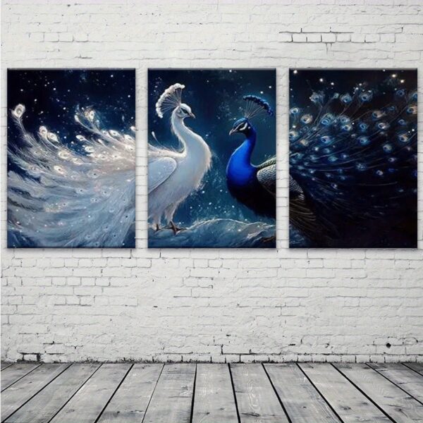 3pcs inset wood framed paintings White and Blue Peacock, Elegant Bird Theme, Suitable for Living Room, Home, Office Decoration, New Year Gifts Perfect Gifts Valentine's Day gift home decor and accessories