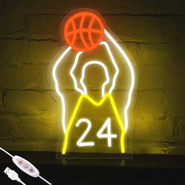 b544768b-c5d4-479c-8231-d15cc56bba9f.jpg 1pc No. 24 Basketball Player Shooting Neon LED Sign, USB Powered Neon Sign For Bar, Shop, Store, Garage, Workshop, Living Room, Lighting & Wall Décor