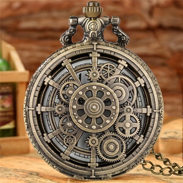 Vintage Hollow Gear Design Quartz Pocket Watch with World-Time Feature, Alloy Case, Round Electronic Movement, Non-Waterproof Pendant Necklace Watch with Pointer Display