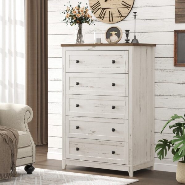 LEAGLOJOY Farmhouse 5 Drawers Dresser for Bedroom, Dressers & Chests of Drawers, Tall Wooden Dresser Organizer for Bedroom, Living Room, Hallway, Entryway