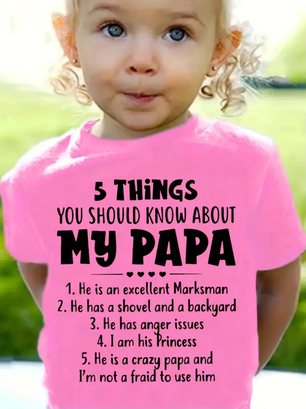 MILKYSHIP Girls' Summer Casual Crew Neck T-Shirt, 100% Polyester Knit Top with "5 Things You Should Know About My Papa" Letter Print, Regular Fit Short Sleeve Tee for Youngsters