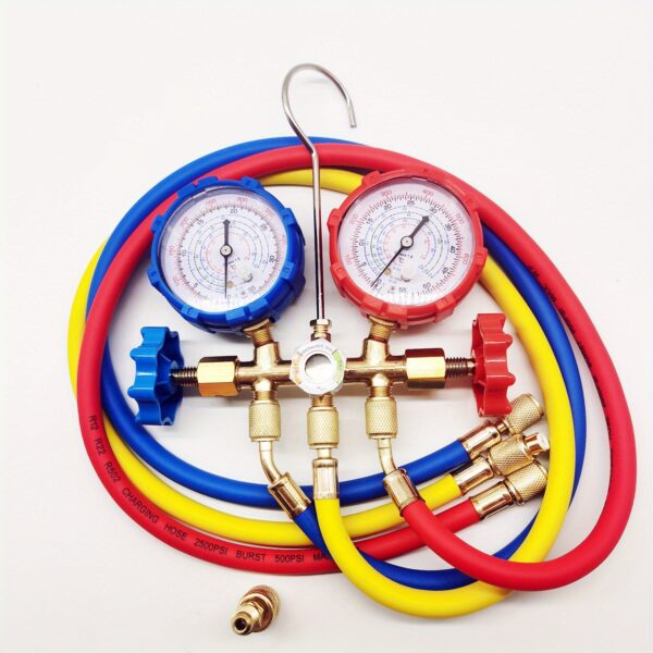 Refrigerant manifold gauge, automotive air conditioning fluorine gauge, air conditioning pressure gauge, automotive air conditioning fluorine gauge with hose and hook, suitable for R410A R32 R22 R134a refrigerant manifold gauge maintenance tool!