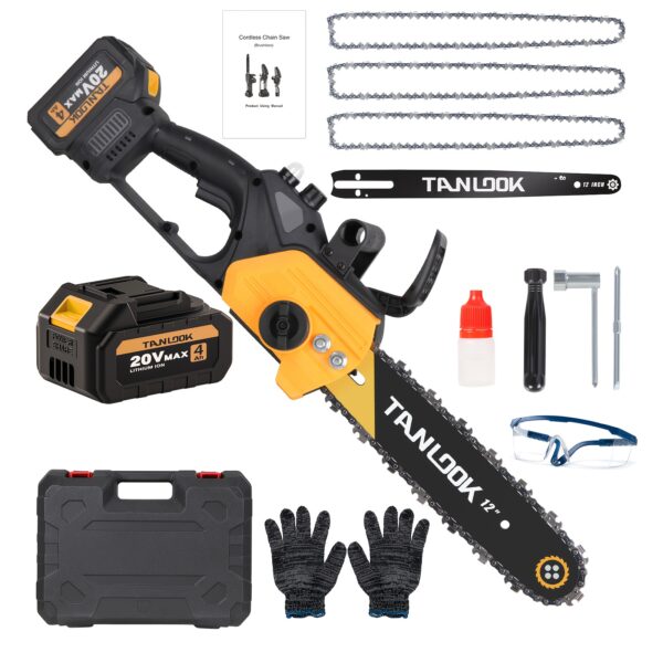 b7f197be-c017-45ea-ae76-c91de30b524a.jpg 12-inch Cordless Brushless Electric Chainsaw, 4, 0Ah Battery Powered Chainsaw, 26ft/s 100 Cutting 20V Portable Compact Handheld Saw, Used for Wood Cutting Upgraded Brushless Motor, No Tools Required for Tightening And Automatic Lubrication.