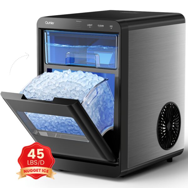 45lbs Per Day Labubu Nugget Ice Maker Machine for Outdoor, Chewable Pebble Nugget Ice Machine with Touch Screen Ldeal for Outdoor Cooking, Stainless Steel, Black