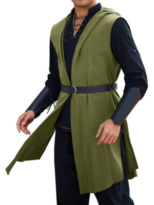 Men'S Medieval Knight Costume - Hooded Surcoat & Sleeveless Tunic Top with Adjustable Waist Belt, Olive Green Renaissance faire, Viking, Halloween Costume - Non-Stretch Fabric for Historical reenactment, Cosplay, Themed Parties - Easy-to-Wear Medieval Attire, Medieval Accessories, Viking Outfit, Openfront Design, Durable Material, Cosplay Enthusiasts