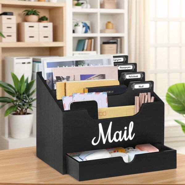 1pc Extra Large Mail Organizer with 4-Tier Levels & Drawer - Heavy-Duty Solid Wood Construction, Labeling System & Drawer Storage - All-in-One Desk Organizer for Home Office, Letter, Paper, Folder - Space-Saving Cabinet-like Design - Ideal Easter/Mother's Day Gift (Natural Wood or Black) - Sturdy Drawer & Clear Labeling - Multi-Drawer Storage - Labeling System Included - Office Use, Office Mail Sorting Rack, Wall Mounted Mailbox, Mail Storage
