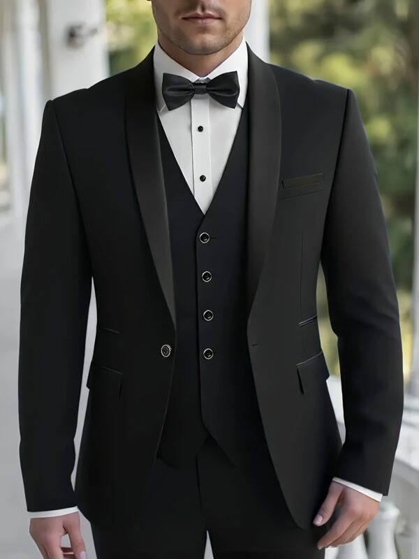 Men'S Elegant Three-Piece Black Tuxedo Suit with Bow Tie - Perfect for Weddings, Formal Events, and Work Attire - Includes Vest, Dress Shirt, and Pants, Formal Attire|Classic Tuxedo|Sophisticated Style