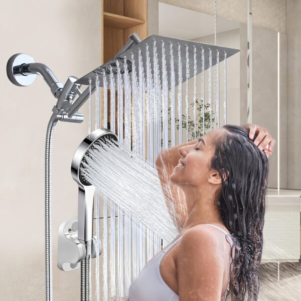 Luxury Rainfall Shower Head Combo with Handheld Spray - Adjustable High Pressure, 11" Extension Arm & 59" Long Hose, Stainless Steel, Wall-Mounted, Diverter Control, Painted Finish, Square Shape, No Electricity Needed, Shower Accessories