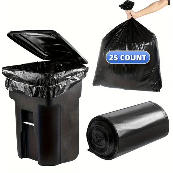 bb65270a-5c49-46ab-a775-cdc7066ddb65.jpg 65 gallon plus thickened heavy duty garbage bag, tear resistant, high quality 25/ 50/ 100/ 150 pack black garbage bag, suitable for yard garbage storage, garbage disposal, outdoor camping garbage collection