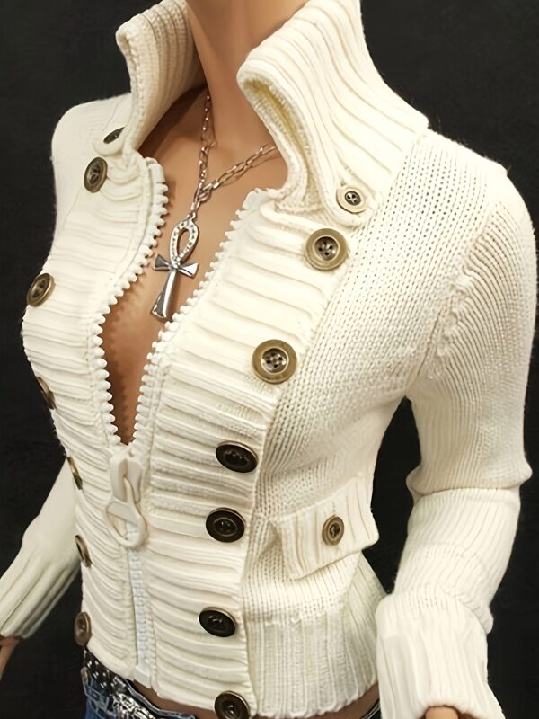 Women's Elegant Cardigan - Front Zipper & Multi Buttons, Stand-Up Collar Sweater, Structured Fit for Office, Party, Everyday - All-Season Chic Outerwear, Office Wear, Textured Knitwear, Ribbed Texture, Stylish Coverup, Working Professionals