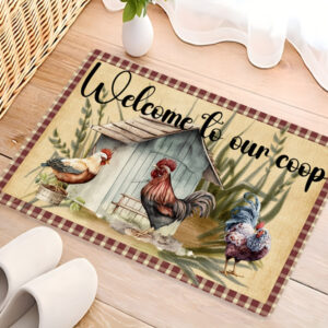 Charming 'Welcome to Our Coop' Doormat - Rustic Chicken Design with Non-Slip Rubber Backing, Durable & Machine-Washable, Perfect for Living Room, Bedroom, Kitchen - Low Pile, Rectangular Home Decor Mat