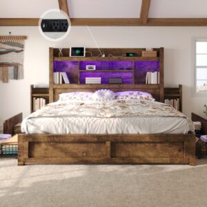 Farmhouse Wooden Bed Frame With 4 Storage Drawers, LED Bed Frame With 49" Tall Bookcase Headboard, Wood Platform Bed With Charging Station & 2 Slide Bedside Shelf - For Adults - Modern & Rustic Style - Perfect for Bedroom - Ideal Gift for Housewarming