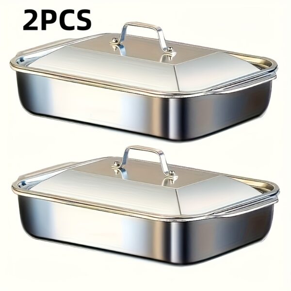 4pcs Set of 2 Deep Dishes and 2 Handle-Lid Stainless Steel Rectangular Baking Pans with Metal Lids - 1.59gal Capacity, 16.14-Inch Deep Roasting Pan Fish Grill Tray Lasagna Dish, Dishwasher Safe, Men's Gift for Father’s Day, Best for Christmas, Perfect for Thanksgiving