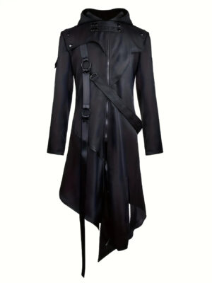Men's Gothic Punk Jacket with Hood - Full-Zip Asymmetrical Coat, Collar & Belt Buckle Closure - European Gothic Style Costume for Halloween,, Roleplay - Hand Washable Black Outerwear (No Dry Clean), Gothic Coat For Men, Gothic Hooded Jacket, Cool Jackets For Men, Jacket With Zipper For Men, Graphic Jackets For Men, Jacket Clothes For Men, Gothic Coats, Unisex Jacket With Hood, Autumn Thin Jacket For Men, Cozy Coats For Men, Black Jacket With Zipper, Lightweight Jackets For