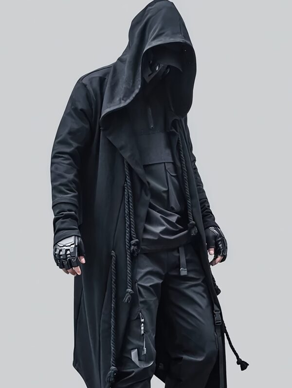 [Loose Fit Street Style Cape Coat] Men's Street Style Casual Black Hooded Cape Coat - Lightweight, Breathable Polyester with Decorative Rope Detail, Loose Fit Long Cardigan for Casual Attire