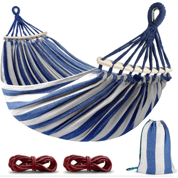 bc694fcbc2744c31b625431a0e56e06a-goods.png 2-Person Anti-Flip Camping Hammock with Striped Design - Spacious Double Hammock with Quick-Setup Straps & Durable 100% Polyester Fabric for Couples, Friends - Perfect for Backyard, Beach, Hiking & Outdoor Adventures, Beach Hammock | Couples Hammock | Comfortable Lounging, Hammocks for Outside