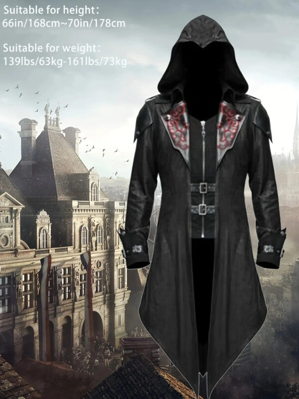 3pcs Gothic Assassin Cosplay Costume Set- Men's Retro Red and Black Polyester Coat with Embroidery Details, Floral Pattern, V-Neck Collar, Slight Stretch, Loose Fit- Steampunk Style Hooded Jacket with 2 Wristbands- Suitable for Cosplay and Hall