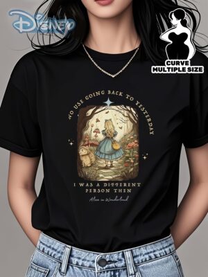 Women's Plus Size Black Alice in Wonderland Graphic T-Shirt - Vibrant Alice in Whimsical Forest Illustration, Lightweight Breathable Round Neck Short Sleeve Top for Spring/Summer Casual Wear, Everyday Comfort, Playful Design, Durable Fabric