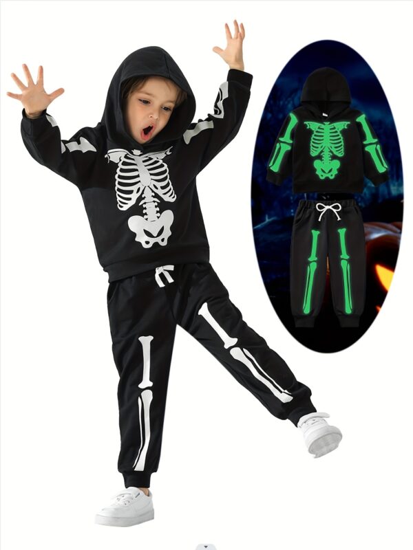 [Glow Halloween Set] Glow In The Dark 3D Graphic Boys Girls Halloween Hoodie Pants Set 2-6 Years