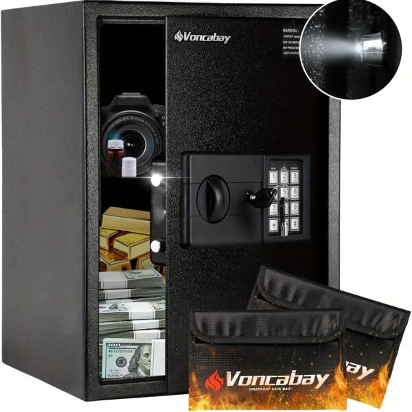 1pc Fireproof Security Safe Box with Sensor Light & Fire-Resistant Bag - Digital Keypad Lock, Keys & Passcode, Metal Home Safe for Cash, Valuables, Jewelry - Battery-Powered (AA Not Included), Safe Box for Money, Valuables Storage, Sleek Metallic Finish, Durable Construction