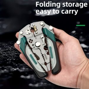 [Foldable Wire Stripper] Multi-Functional Foldable Wire Stripper Tool | Non-Slip Metal Grip, Durable Electrical Pliers with Serrated Edge, Green & Gray Design, Compact Folding Mechanism for Easy Carry