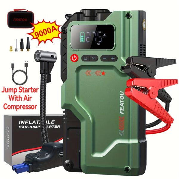 9000A Jump Starter with Air Compressor, 5in 1 Function Jump Box 150PSl JumpStarter Battery Pack with Digital Tire Inflator, Car Battery Charger Portable for 10L GasOr 9.0L Diesel Battery Charger, Car Jumper Starter Portable