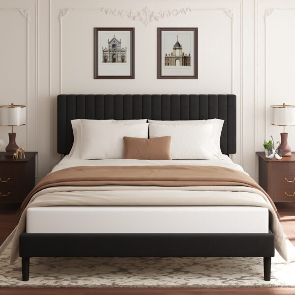 Queen Full Bed Frame, Upholstered Platform Queen Full Bed with Vertical Channel Tufted Headboard, Mattress Foundation with Strong Wooden Slats, Box Spring Optional, Easy Assembly, Black