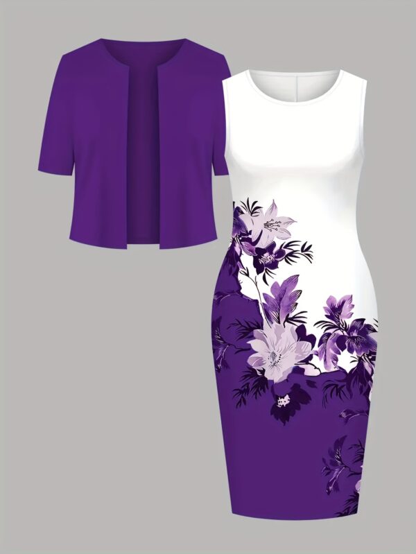 [2pcs Elegant Dress] Two-Piece New Elegant Women's Solid Color Short Sleeve Cardigan with Floral Print Dress