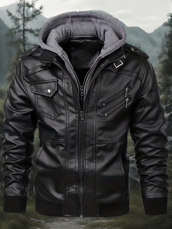 Men's Heavy-Duty Full-Zip Hooded Motorcycle Jacket with Full-Zip Closure, Full-Zip Front, Zippered Pockets - High Quality Outer Shell, Full-Zip Hooded Coat for Motorcycle Riding, Casual & Formal Wear - Black (Hand Wash/Dry Clean) - Ideal for Everyday & Special Events - Men's Fashion Outerwear with Functional Pockets, Full-Length Zipper, and Lining for Comfort and Durability, Motorcycle Clothing, Motorcycle Jacket Men