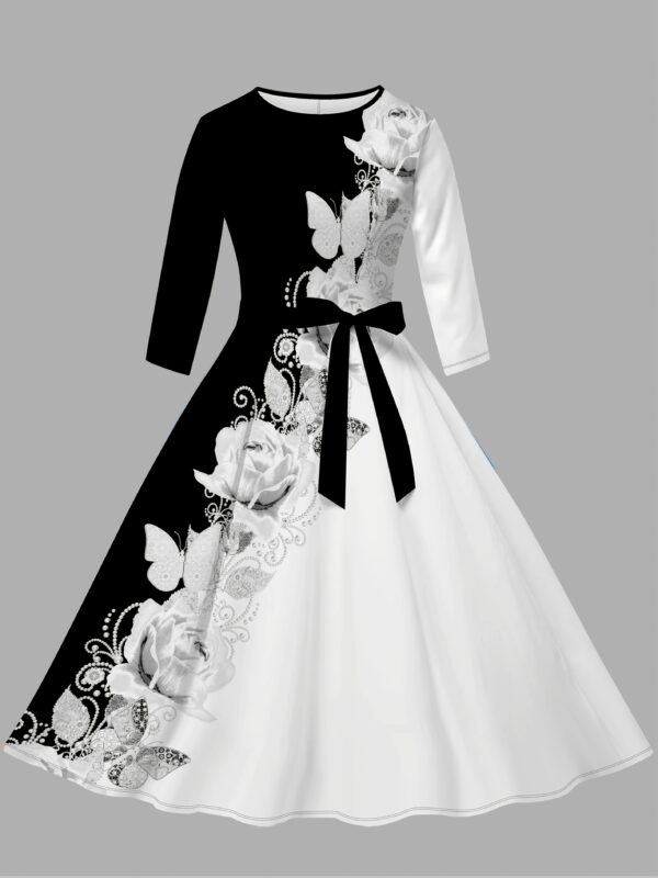 Women'S Elegant Floral Print Dress - Black & White Round Neck Summer Dress with Belt, Long Sleeve, Flowy Skirt, Perfect for Casual or Formal Occasions, Floral Print Dress