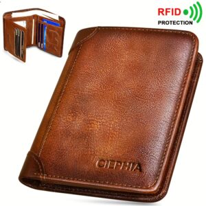 [RFID Leather Wallet] Father'S Day Gifts For Men, RFID Blocking Trifold Genuine Leather Wallets For Men - Top Layer Cowhide Vintage Short Multi Function Credit Card Holder, Money Clips With 2 ID Windows Gift Wallet For Dad