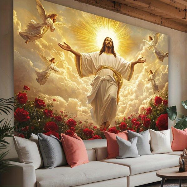 1 Sacred Religious Tapestry, Angels Surrounding the Holy for Man Blessing, Polyester Hanging Fabric for Living Room Bedroom Office Home Party Decoration Background Cloth with Free Installation Kit