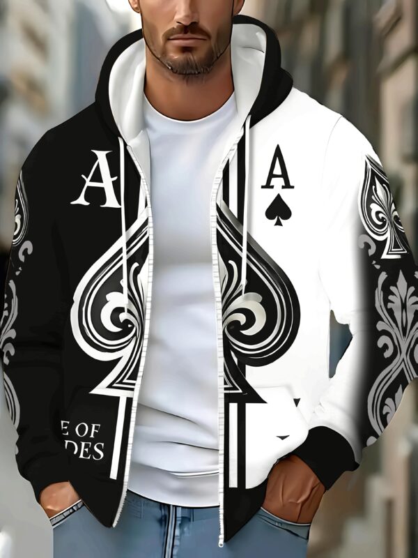 Men'S Casual Long-Sleeve Zip-Up Hoodie with Poker Card Design - Black and White, Autumn & Winter Outdoor Jacket, Pockets, Drawstring Collar, Comfort Fit, Outdoor Casual Wear | Graphic Hoodie | Zippered Hoodie