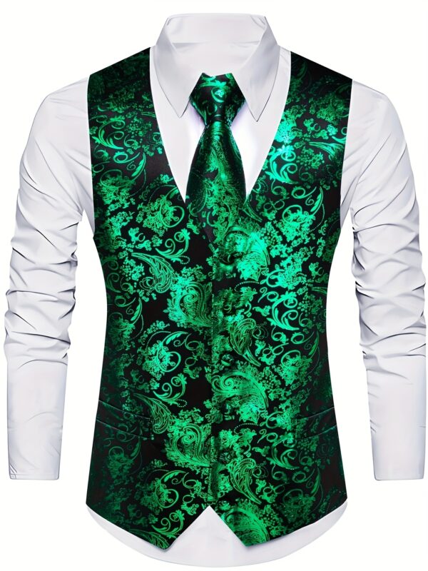 Men'S Luxury Waistcoat 4pcs Floral Pattern V-neck Suit Tie Set Formal/Wedding Party Dress Vest
