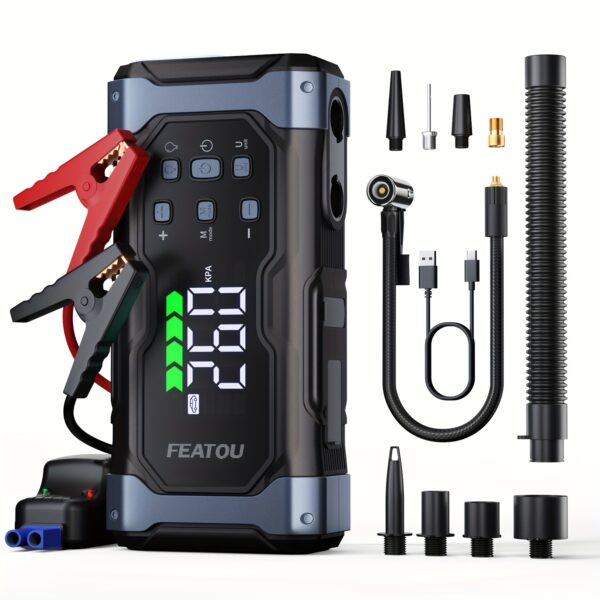 FEATOU High-Power 9000A Jump Starter with Air Compressor/Tire Inflator, 12V Jumper Box for Car (All Gas/14L Diesel), 9in 1 Portable Jump Starter Power Pack, Jump Starter Battery Pack, Portable Car Jump Starter