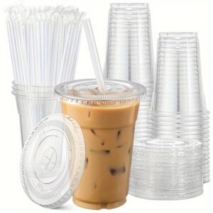 50/100 Pack - 12/16/20 Oz Clear Plastic Cups With Lids And Straws, Sturdy & Food Safe Iced Coffee Cups With Lids, Disposable Plastic Smoothie Cups For Cold Drinks