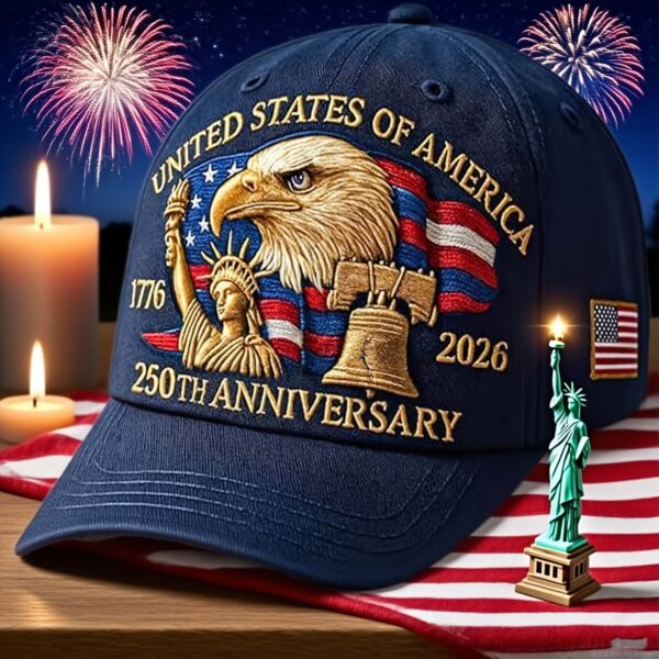 250th Anniversary USA Patriotic Baseball Cap - 250 Years of US Independence Commemorative Hat with Bald Eagle & 50 Stars & Stripes Design, Lightweight All-Season Comfort, Unisex for Men & Women, 2026 Collectible 4th of July Celebration Cap with Lady Liberty & 1776-2026 Dates - Ideal Gift for History Buffs, Police Officers, Patriots (Red/Blue/Golden Colors, Black Velvet Stripes), July 4th Wear, Holiday Accessory, Flag Design Hat, History Buff Gear, Longlasting Fabric, Strikematching