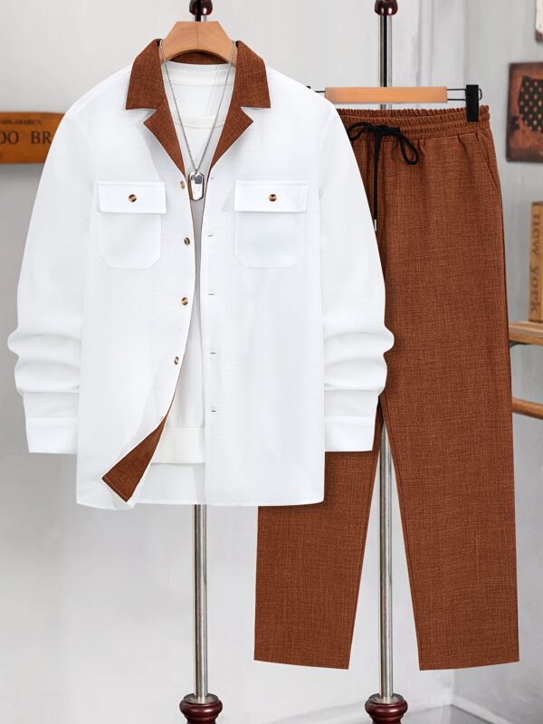 Men'S New Spring And Autumn Loose Long-Sleeve Button-Up Shirt Top, Casual Straight-Leg Pants Set.