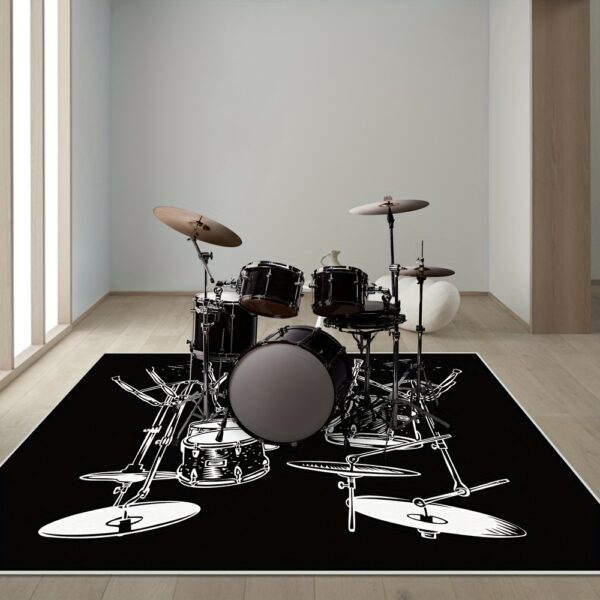 [Durable Drum Carpet] Durable Polyester 1pc Black Drum Pattern Design Carpet | Easy to Clean & Machine Washable, Perfect for Indoor/Outdoor Use and Study Decor, Drum Practice Spaces, Music Room Decor, Stylish Drum Design