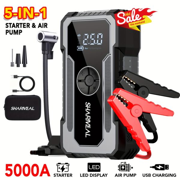 SHARMEAL 5-in-1 Portable Car Jump Starter with Air Compressor 5000A Peak, Digital Tire Inflator, Fast-Charge USB & LED Emergency Light Compact, Cordless Car Battery Booster, LED Display & Flashlight