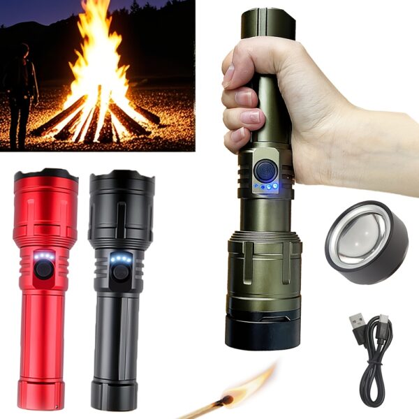 Powerful Aluminum Alloy Ignition Flashlight with 5 Lighting Modes, Fresnel Lens & Strong Focus Function - Fire Starter, 5000mAh Battery Capacity (USB Charging w/ Power Display), Supports Phone Charging. Ideal for Outdoor Activities, Car Repairs, Night Patrols, Campfires, Hiking, Adventures, and Emergency Use During Blackouts or Storms. Perfect Gift Choice: for Elders, Friends' Birthdays, Halloween, Christmas